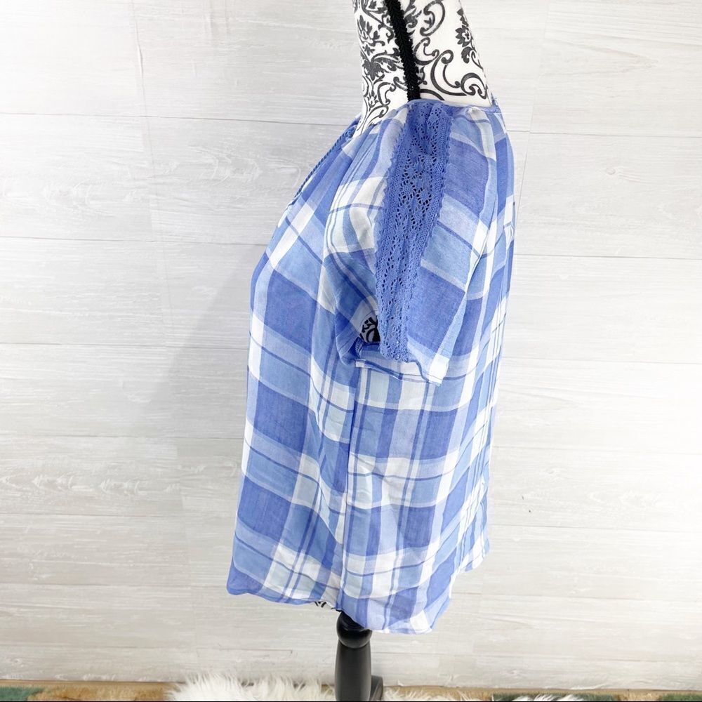 Como Vintage Blue Plaid Tie Collar Peasant Top - Picture 6 of 8